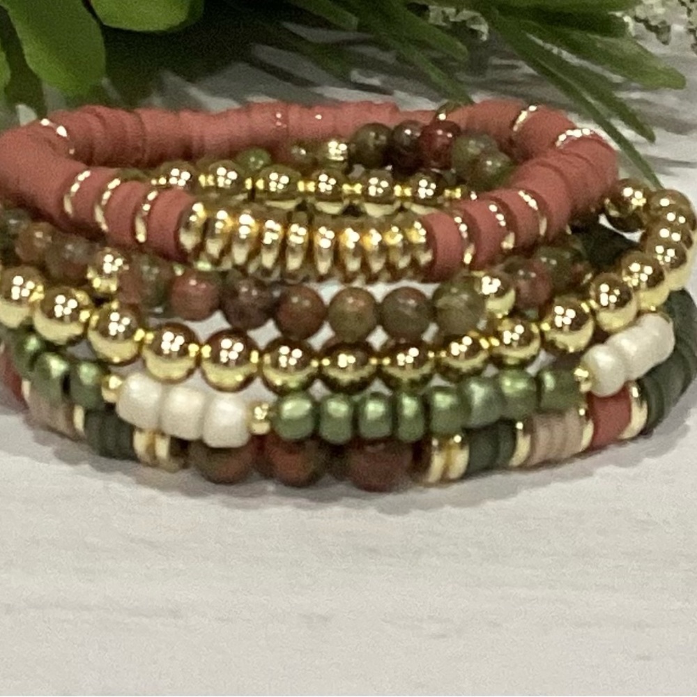 14K Gold Plated Custom Unakite Bracelet Stack -set of 5